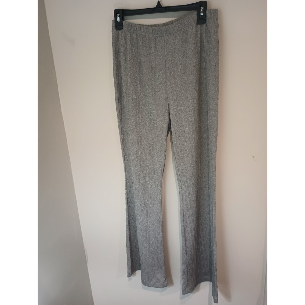 Women Cable Knit Flare Leggings Pants Gray Elastic Waist Size L Stretch Lounge